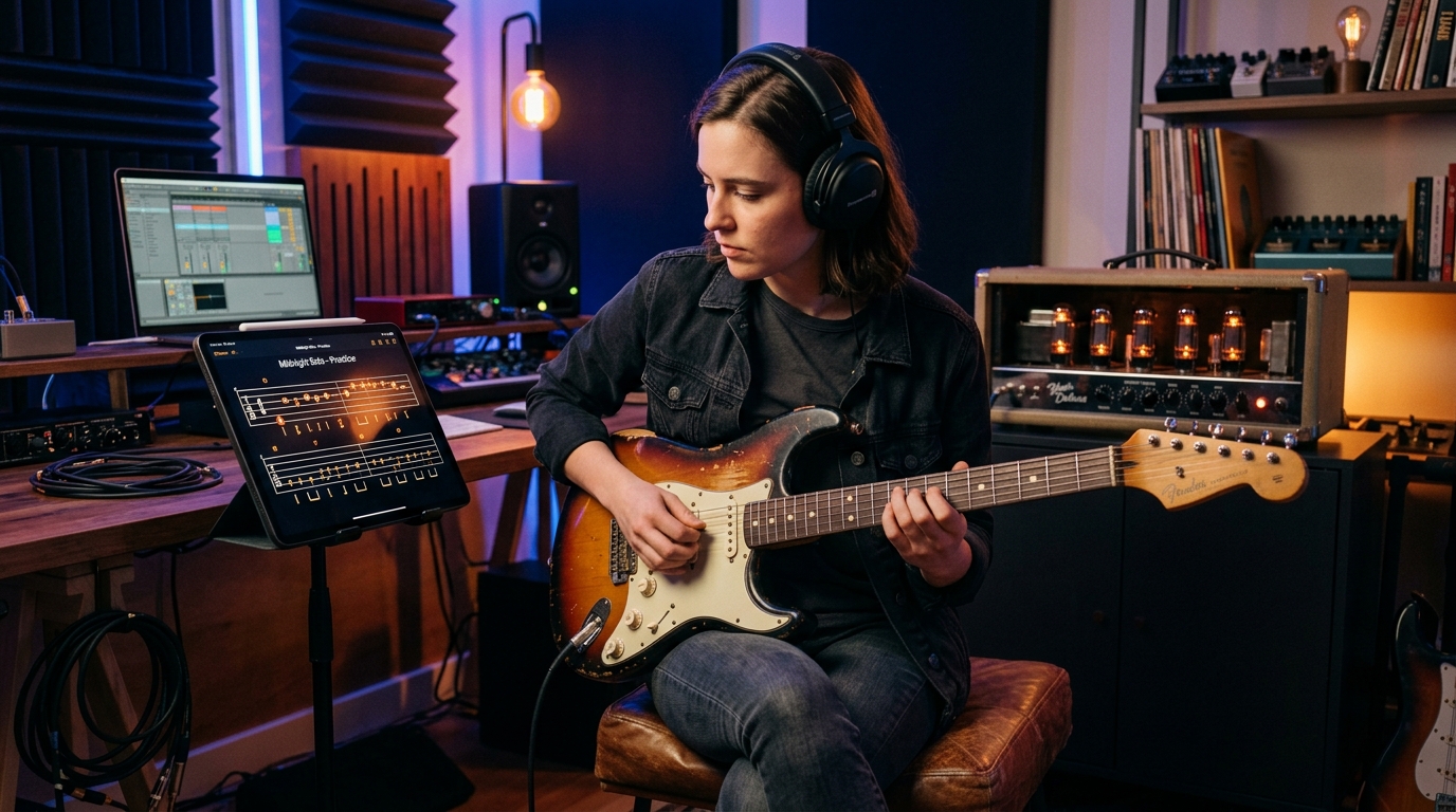 Guitarrista praticando solos e tablaturas de guitarra elétrica